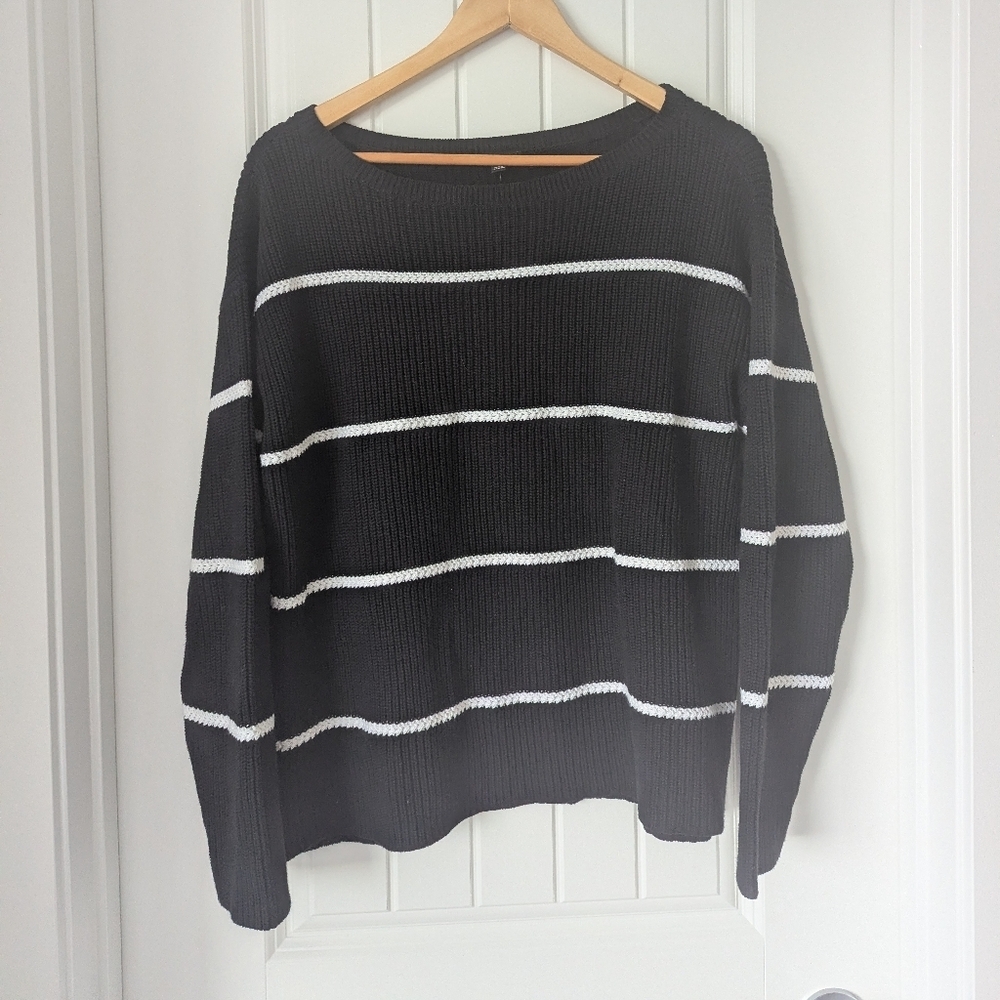 Talbot's Classic Black & White Pima Cotton Striped Sweater Size Large NWT